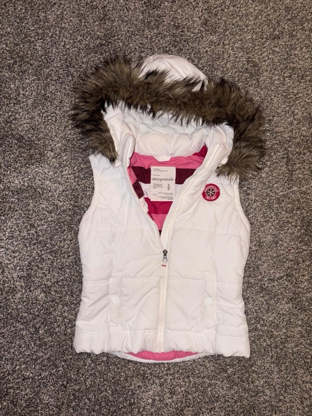Y2K Aeropostale White Puffer Vest with Stripes and a Faux Fur Hood